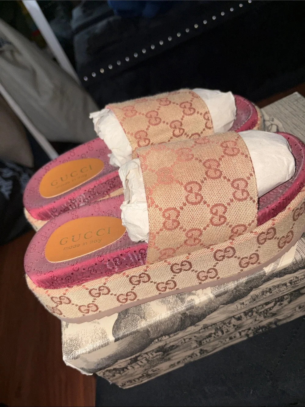 Gucci Beige Monogram Slides with Red Footbed